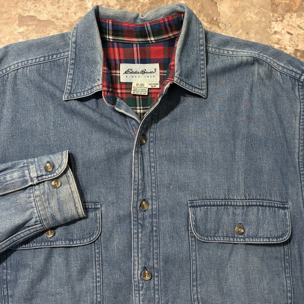 Vintage Eddie Bauer Shirt Mens Small Blue Denim Flannel Lined Hurricane Country